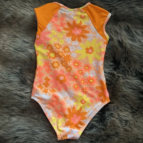 Girls Cat & Jack 4T orange retro 1 piece bathing suit with front zipper floral - Picture 2 of 3